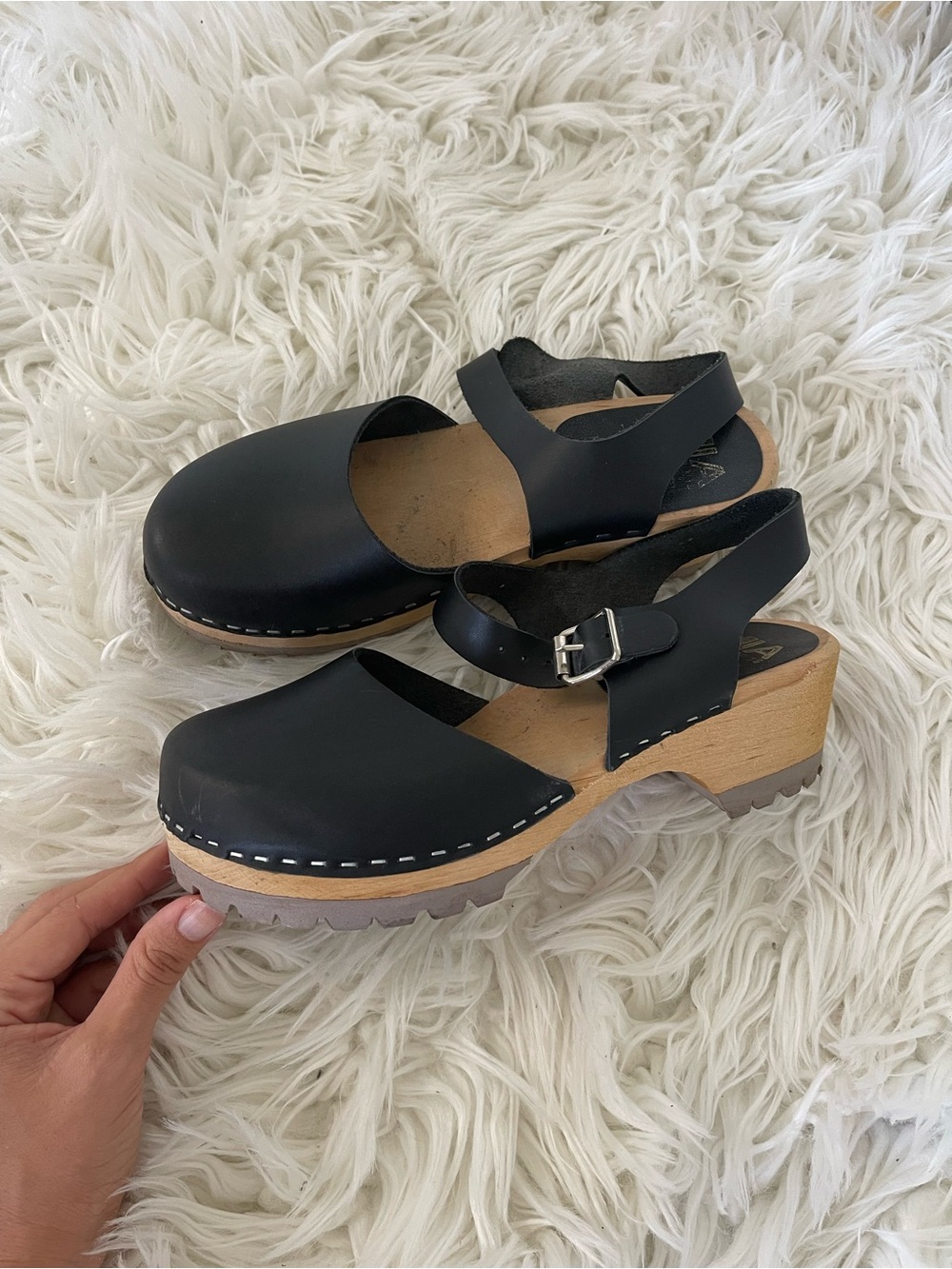 MIA Black Leather Swedish Clogs with Wooden Platform